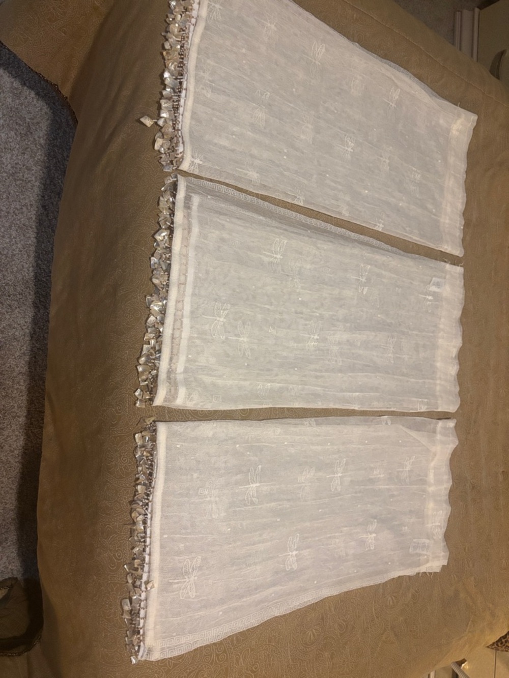 Sheer Embroidered White Curtain Panels with Tassel Trim
30”Length by 53” (each)